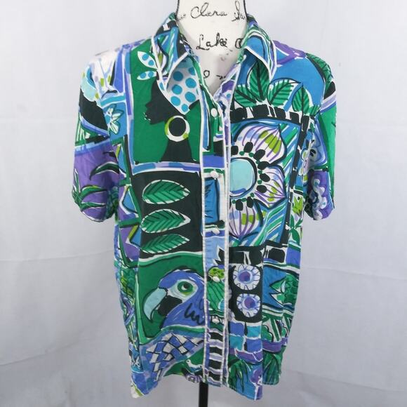Bob Mackie Vintage Wearable Art Blue Green Print Button Front Artsy Top SZ M - Picture 3 of 12